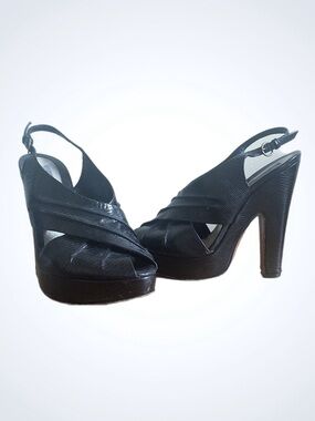 Vintage Moschino Black Reptile Embossed 40s Peep Toe Slingback Platform Heel SZ9